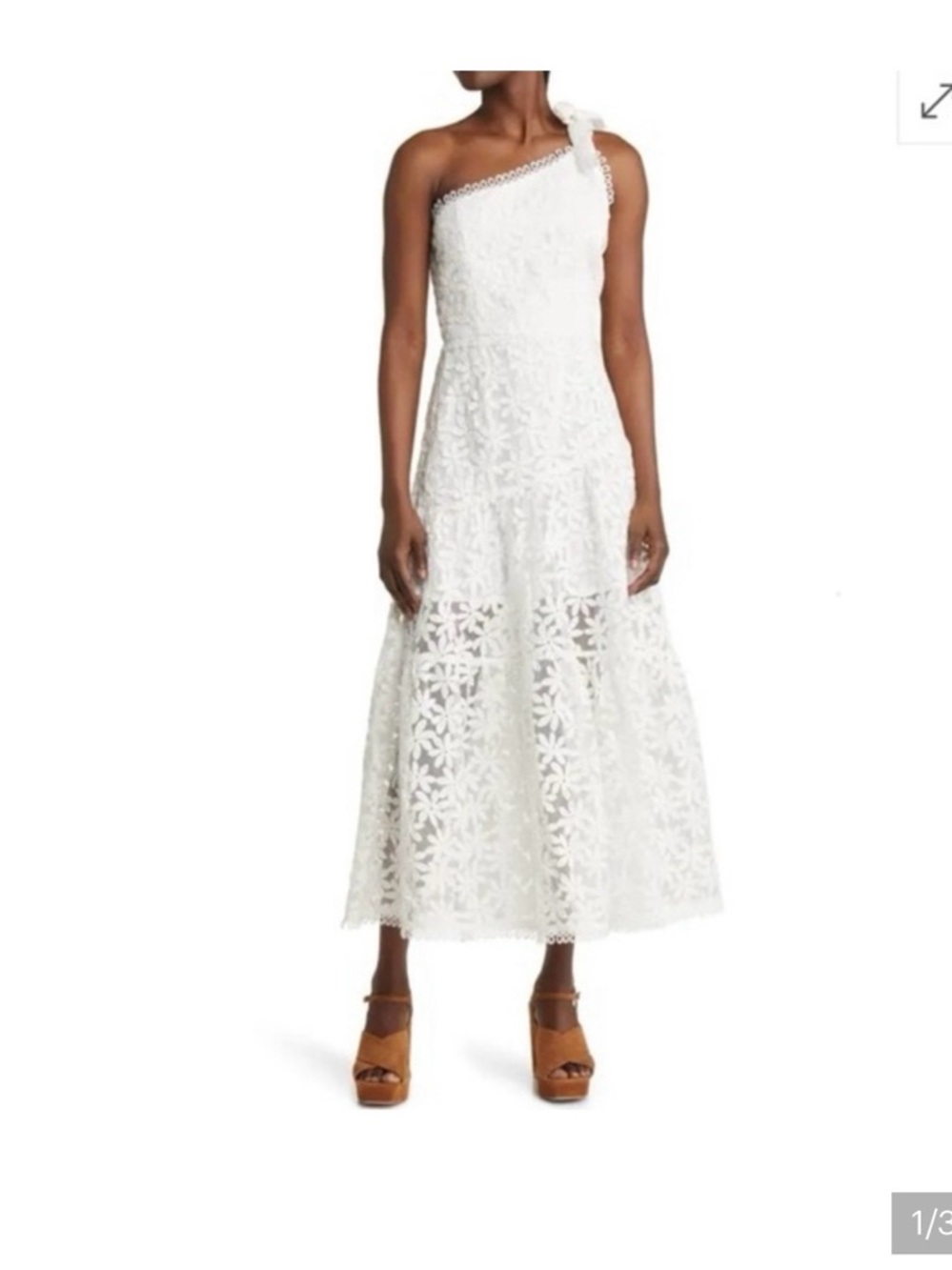 Lost + Wander One-Shoulder White Floral Lace Midi Dress